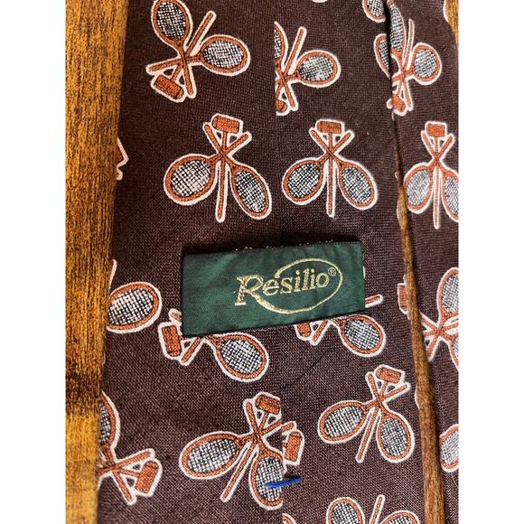 1970s Resilio Brown Orange Tennis Croquet Sports Academic Old Money Linen Tie - Picture 2 of 10
